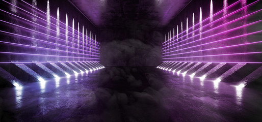 Wall Mural - Smoke Foggy Dark Sci-Fi Empty Modern Futuristic Space Ship Tunnel Corridor With Grunge Reflective Concrete Texture And Blue Purple Neon Glowing Tube Shaped Lights Background 3D Rendering