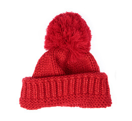 Red Knit Wool Hat with Pom Pom isolated on white background