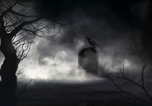 Frightening Halloween Realistic Vector Background With Dried Trees Silhouettes And Black Crow Sitting On Sloping Gravestone On Ancient Cemetery Illustration. Scary Night Graveyard Covered Fog Or Mist