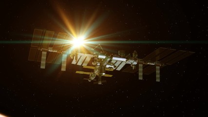 Wall Mural - 4k. international space station rotates solar panels on background of rising sun. 3d animation.