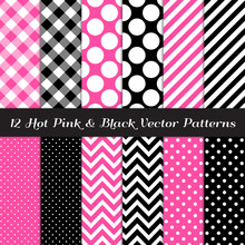 Hot Pink, Black And White Gingham, Chevron, Polka Dot And Candy Stripes Patterns. Modern Geometric Backgrounds. Repeating Pattern Tile Swatches Included.