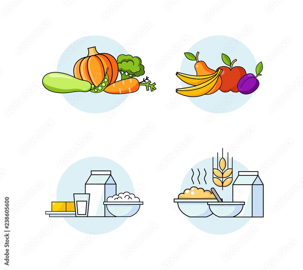 Vector organic food set: vegetables, fruits, milk products, meat, porridge.  Healthy meal. Cartoon set for menu infographic, food service, dairy,  beverages, gastronomy, health food, logo and pack. Stock Vector | Adobe  Stock, image size:1000x894