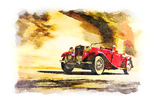 Red Vintage Roadster Car, Watercolor Digital Art.