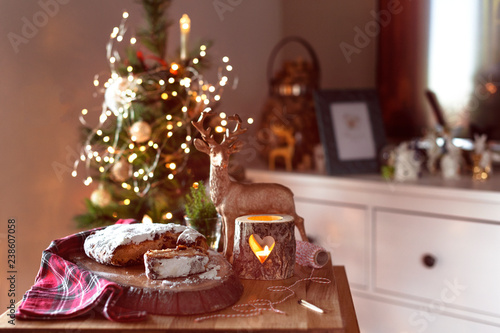 Traditional German Christmas Stollen On The Rustic Background With