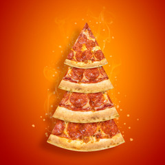 Wall Mural - Christmas promotion flyer with pepperoni pizza slice in shape of Christmas tree on orange background. Creative concept new year poster pizza