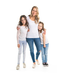 A mother and daughter portrait isolated on white studio.