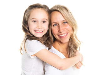 A mother and daughter portrait isolated on white studio.