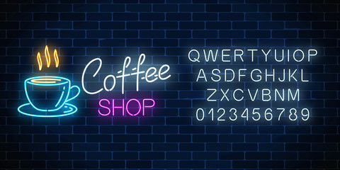 Wall Mural - Neon coffee shop signboard with alphabet on a dark brick wall background. Hot drink and food cafe sign.