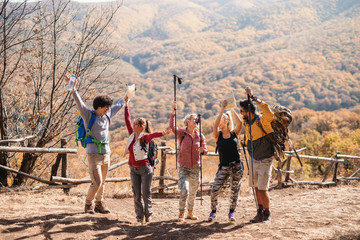 Poster - Happy small group of hikers standing on the glade with hands in the air in the autumn. In background mountains and forest.