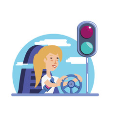 Poster - woman driving cart with traffic light