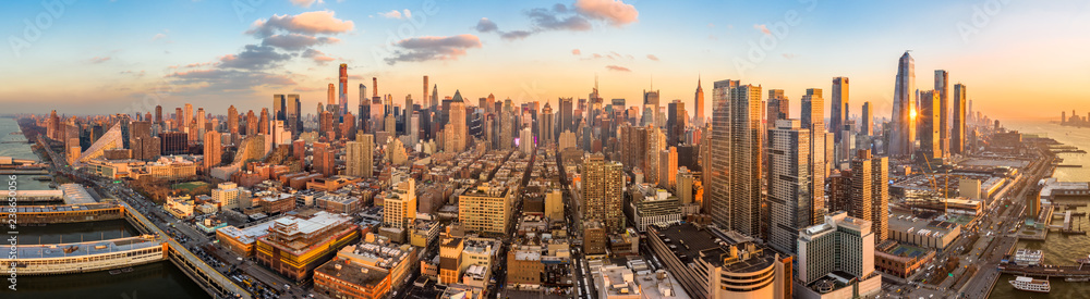 Aerial panorama of New York skyline above Hudson Yards midtown Manhattan skyscrapers on a sunny afternoon - obrazy, fototapety, plakaty 