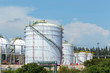 White large storage tanks under a blue sky. Gasoline, oil, chemical or other storage at factory side.