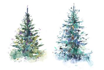 decorated christmas tree new year watercolor illustration water color drawing