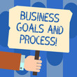 © Zofia - Writing note showing Business Goals And Process. Business photo showcasing Working strategies accomplish objectives Hu analysis Hand Holding Colored Placard with Stick Text Space