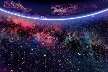 Wall Mural - artistic abstract purple planet in a dramatic multicolored nebula galaxy background