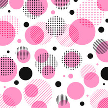 Abstract Modern Pink, Black Dots Pattern With Lines Diagonally On White Background.