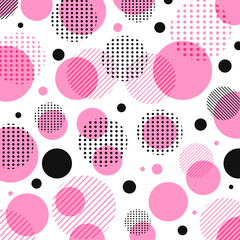 Abstract modern pink, black dots pattern with lines diagonally on white background.