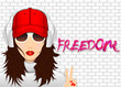 Young girl in baseball cap and headphones against a brick wall shows a sign of freedom on the fingers. Graffiti Freedom on a brick wall. Vector illustration. Peper cut uot style.