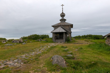 Andreevskiy skit of the Solovetsky monastery on the Bolshoi Zayatsky Island at sunset. Solovetsky archipelago, White sea, Russia