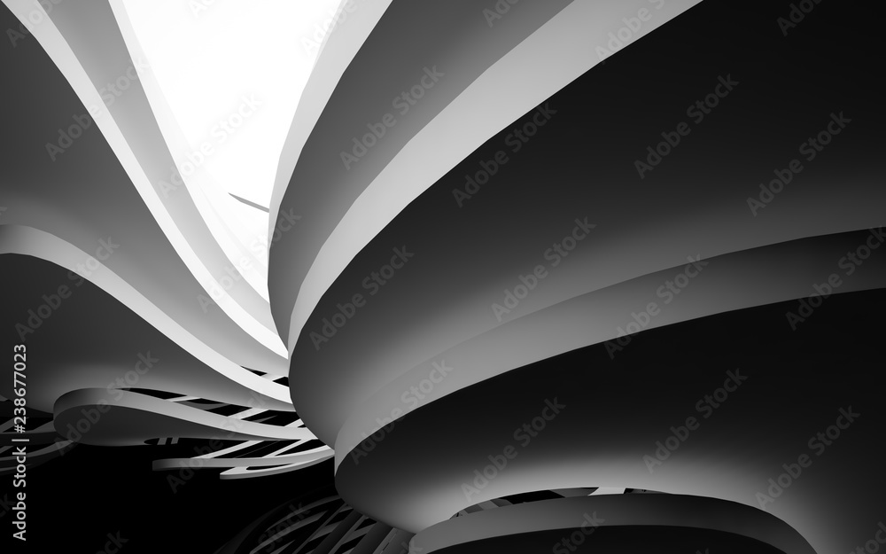 Abstract white interior of the future, with glossy black wall and floor ...