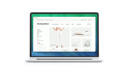 Wall Mural - blank laptop screen with opening fashion store mockup, looped switch, 3d rendering. empty computer w