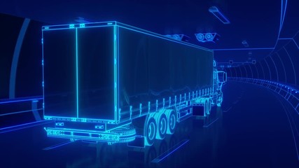 Wall Mural - Blue glowing Trailer Truck rides through Blue tunnel 3d rendering