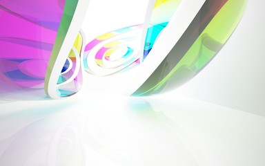 abstract architectural interior with colored smooth glass sculpture. 3D illustration and rendering