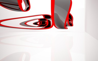 Abstract dynamic white interior with black and red smooth objects. 3D illustration and rendering