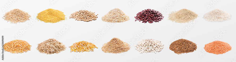 Heaps of various grains and cereals on white background - obrazy, fototapety, plakaty 
