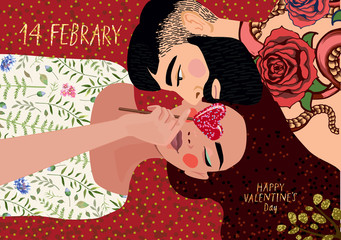 Top view of happy young couple, cute vector drawn card for Valentine's Day by February 14, declaration of love, illustration of lovers, man and woman with a lollipop in the shape of a heart