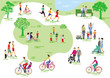 Stadtpark mit Personen und Familien in der Freizeit, Joggen und Radfahren