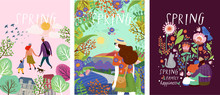 Cute Posters Of Spring Time, Vector Drawn Illustrations Of A Happy Family In Nature, Girls Against A Landscape And A Family With A Pet Cat Surrounded By Floral Patterns