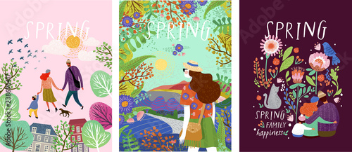 Fotomural cute posters of spring time, vector drawn illustrations of a happy family in nat
