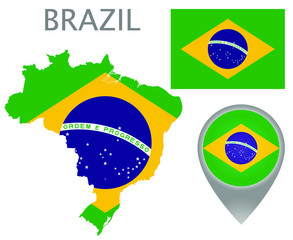 Wall Mural - Colorful flag, map pointer and map of the Brazil in the colors of the brazilian flag. High detail. Vector illustration