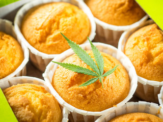 Freshly baked cinnamon mini muffins with cannabis and buds of marijuana on the table. Concept of cooking with cannabis herb. Treatment of medical marijuana for use in food.