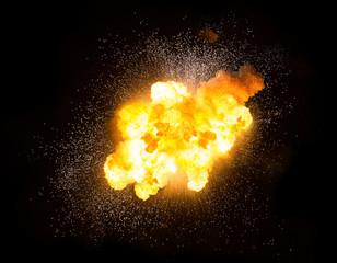 Realistic fiery explosion with sparks over a black background