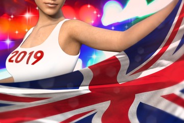 sexy woman holds United Kingdom (UK) flag in front on the party lights - Christmas and 2019 New Year flag concept 3d illustration