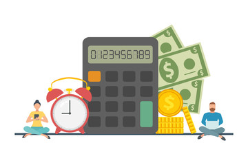 The concept of managing your time and money. Time is money or time to pay. Financial planning, deadline and time management, payment day. Vector illustration.