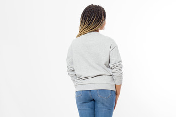 Wall Mural - African american girl in template blank sweatshirt isolated on white background. Back rear pullover view. Copy space and mock up. Place for adverising