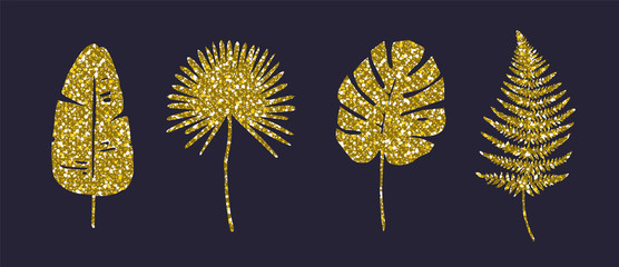 Wall Mural - Golden Glitter Leaf Set. Tropical Vector.