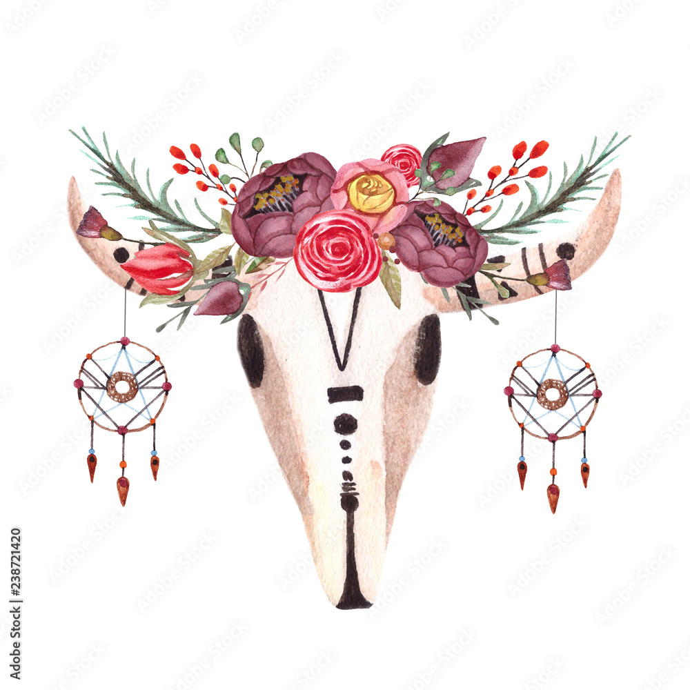 Watercolor boho skull of cow,buffalo,animal with flowers and arrows ...
