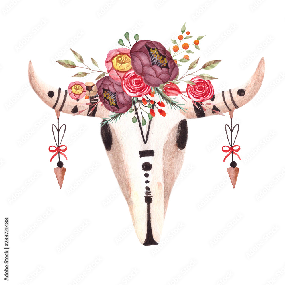 Ilustração Watercolor boho skull of cow,buffalo,animal with flowers and ...