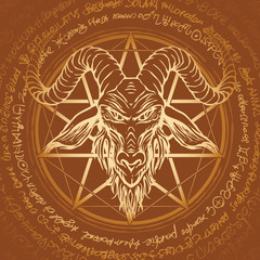 Wall Mural - Vector banner with illustration of the head of a horned goat and pentagram inscribed in a circle. The symbol of Satanism Baphomet on the background of old manuscript written in a circle in retro style