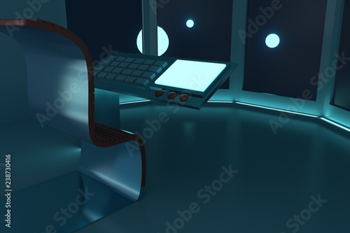 Spaceship Interior Cockpit With Computer And Space View 3d