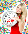 New Year 2019 Five to twelve Young woman big clock