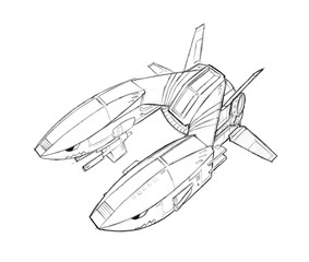 Black and white ink concept art drawing of futuristic or sci-fi spaceship or spacecraft or aircraft.