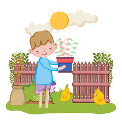 Poster - little boy lifting houseplant with fence and chick