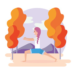 Sticker - woman yoga pose exercise with trees and mountains