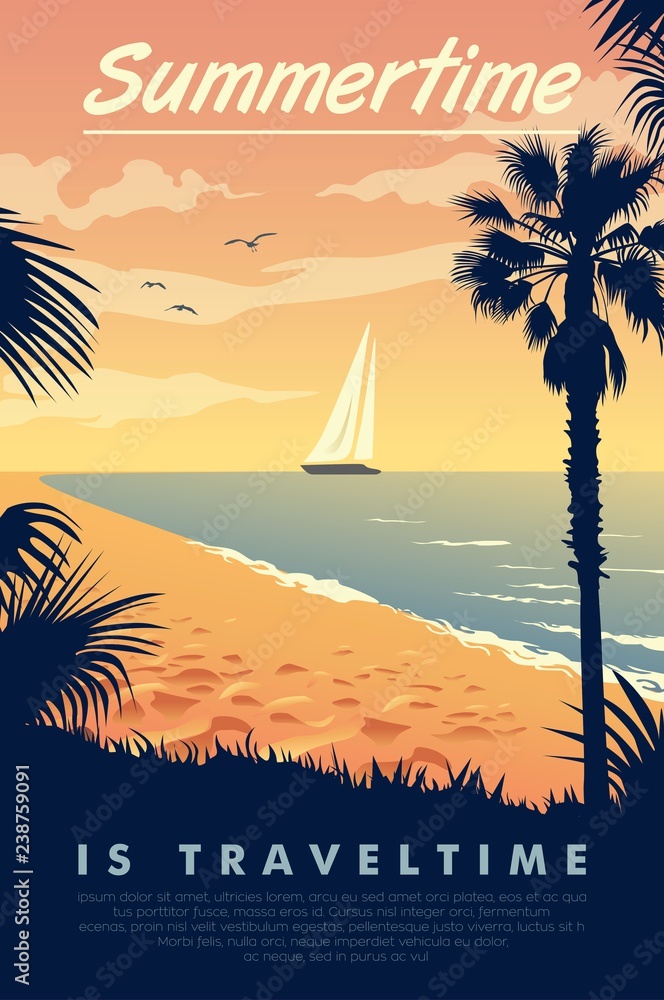A vintage style poster with a tropical beach and a sailboat on the sea with the text Summertime is travel time. - obrazy, fototapety, plakaty 