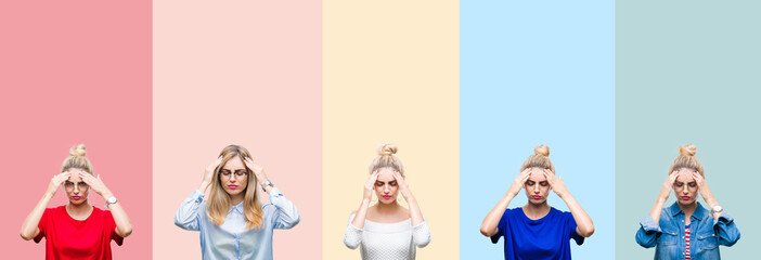 Canvas Print - Collage of beautiful blonde woman over colorful stripes isolated background with hand on head for pain in head because stress. Suffering migraine.